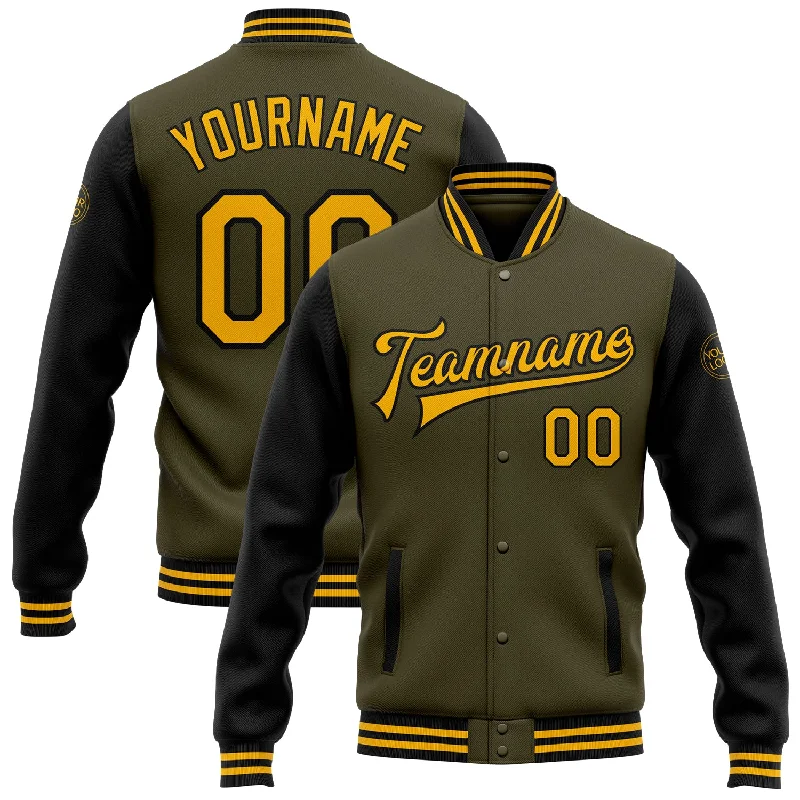 Unisex Casual Fashion Trends Modish Fashion Discounts Custom Olive Gold-Black Bomber Full-Snap Varsity Letterman Two Tone Salute To Service Jacket Unisex Casual Fashion Trends Modish Fashion Discounts Custom Olive Gold-Black Bomber Full-Snap Varsity Letterman Two Tone Salute To Service Jacket