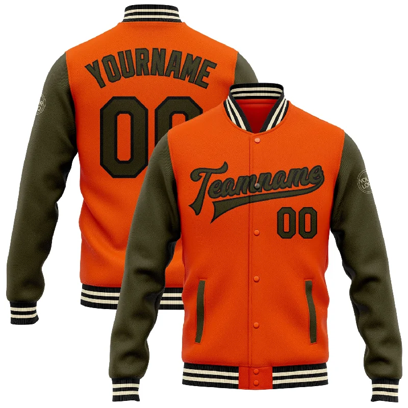 Soft And Breathable Unisex Loungewear Bold Fashion Sales Custom Orange Olive Black-Cream Bomber Full-Snap Varsity Letterman Two Tone Jacket Soft And Breathable Unisex Loungewear Bold Fashion Sales Custom Orange Olive Black-Cream Bomber Full-Snap Varsity Letterman Two Tone Jacket