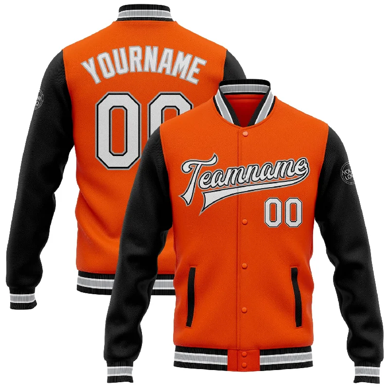 Oversized Unisex Apparel For Effortless Style Chic & Modern Sales Custom Orange White Black-Gray Bomber Full-Snap Varsity Letterman Two Tone Jacket Oversized Unisex Apparel For Effortless Style Chic & Modern Sales Custom Orange White Black-Gray Bomber Full-Snap Varsity Letterman Two Tone Jacket
