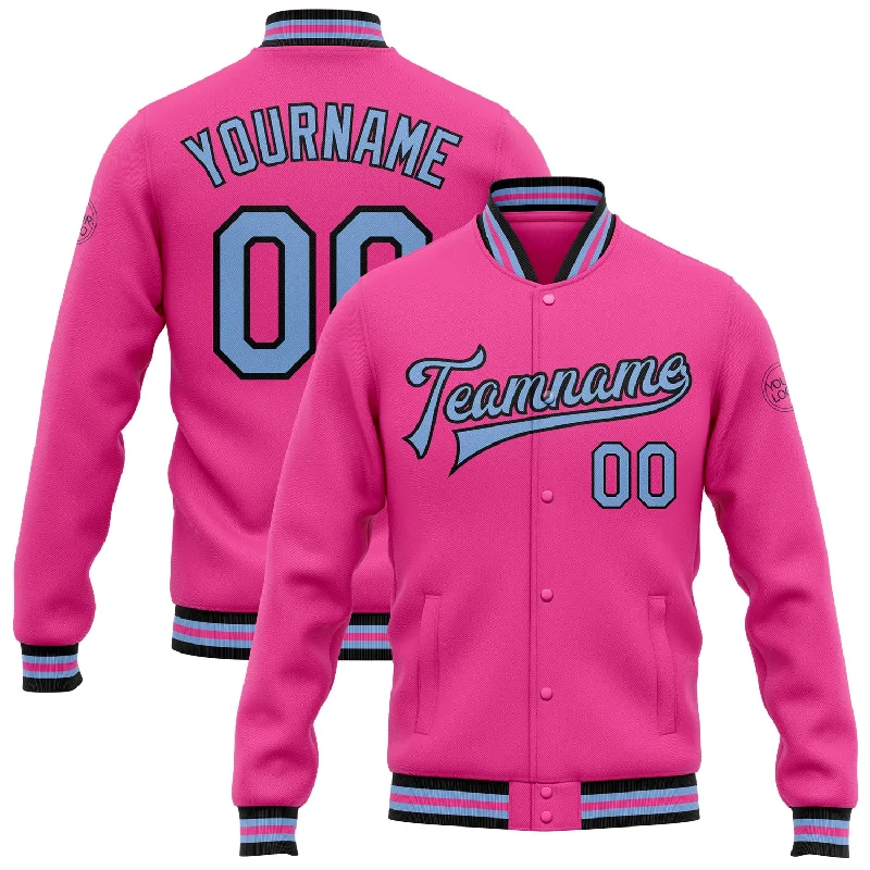 Fashion-Forward Unisex Apparel Ride The Style Wave Custom Pink Light Blue-Black Bomber Full-Snap Varsity Letterman Jacket