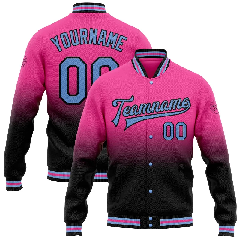 Comfortable Unisex Streetwear Seasonal Trends Custom Pink Light Blue-Black Bomber Full-Snap Varsity Letterman Fade Fashion Jacket Comfortable Unisex Streetwear Seasonal Trends Custom Pink Light Blue-Black Bomber Full-Snap Varsity Letterman Fade Fashion Jacket