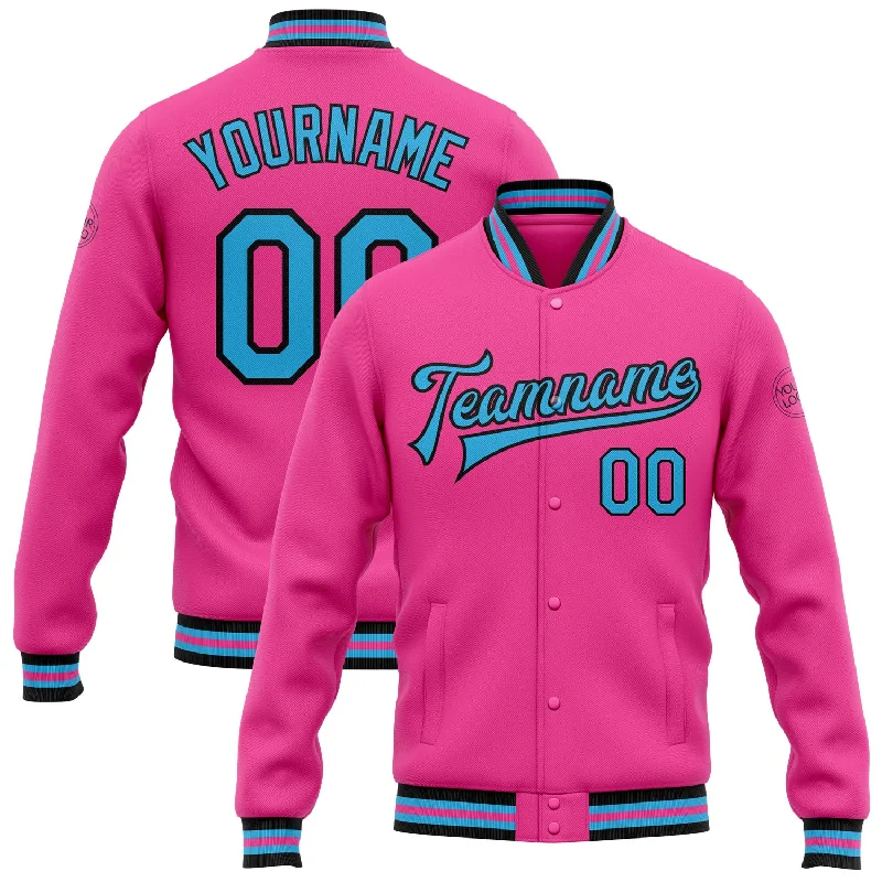 Urban Unisex Fashion Outfits Step Ahead, Lead The Trend Custom Pink Sky Blue-Black Bomber Full-Snap Varsity Letterman Jacket