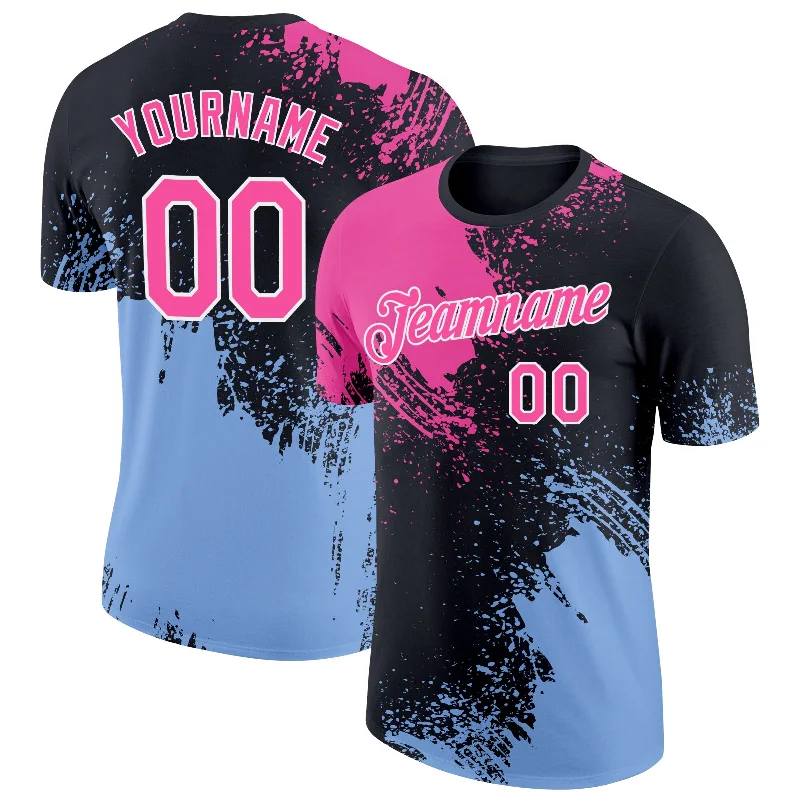 Bold And Trendy Gender-Neutral Outfits Latest Trends Custom Pink Black-Light Blue 3D Pattern Design Abstract Brush Stroke Performance T-Shirt