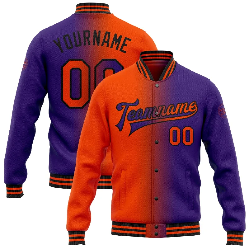 Gender-Neutral Fashion For Everyday Style Chic & Cozy Collection Custom Purple Orange-Black Bomber Full-Snap Varsity Letterman Gradient Fashion Jacket Gender-Neutral Fashion For Everyday Style Chic & Cozy Collection Custom Purple Orange-Black Bomber Full-Snap Varsity Letterman Gradient Fashion Jacket