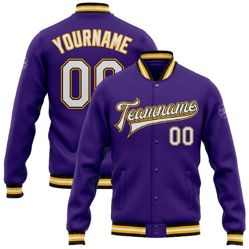 Classic Unisex Fashion Looks Hot Styles Custom Purple White Black-Gold Bomber Full-Snap Varsity Letterman Jacket