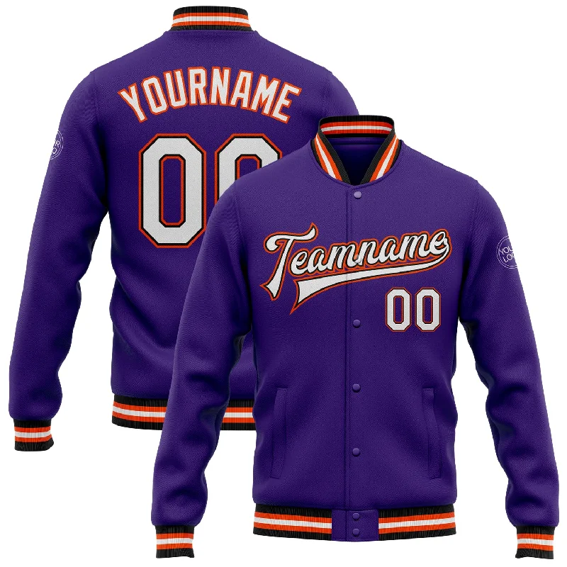 Sustainable Gender-Neutral Apparel Trendy Styles Custom Purple White Black-Orange Bomber Full-Snap Varsity Letterman Jacket