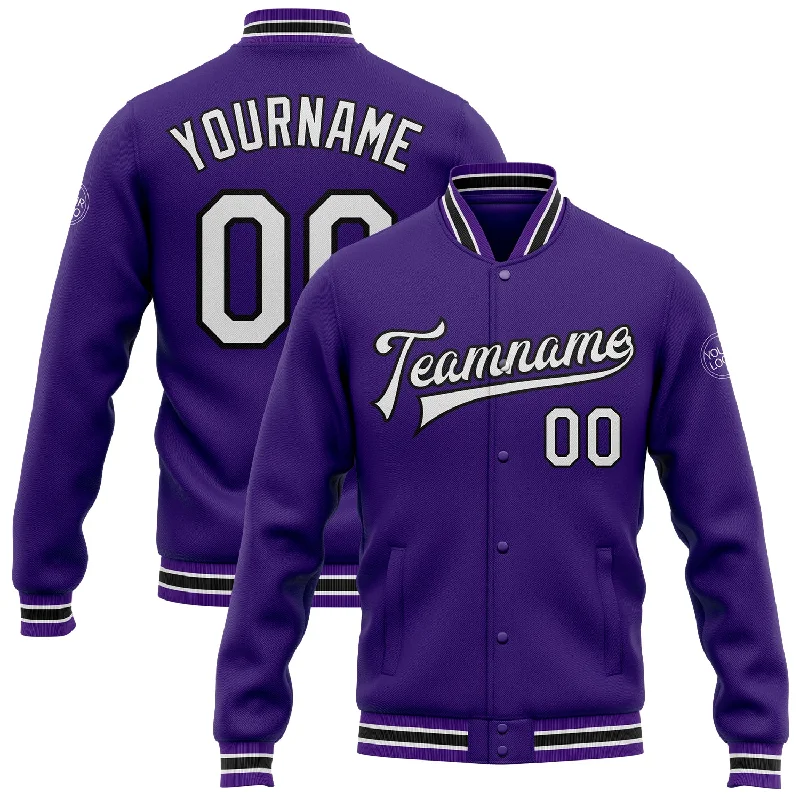 Classic And Timeless Gender-Neutral Fashion Chic & Cozy Collection Custom Purple White-Black Bomber Full-Snap Varsity Letterman Jacket