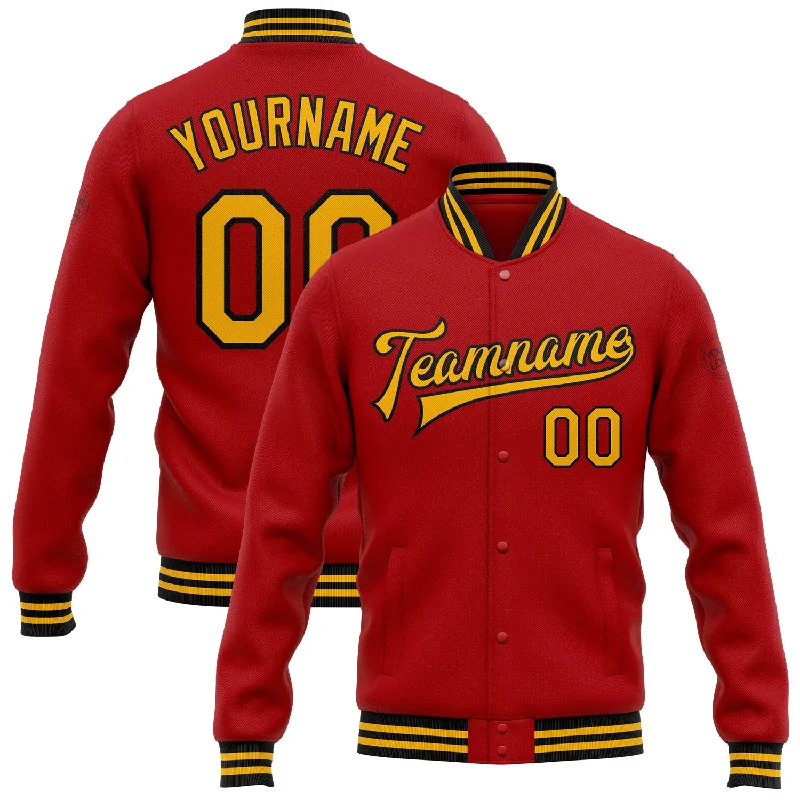 Lightweight And Breathable Unisex Wear Crazy Price Slashing Custom Red Gold-Black Bomber Full-Snap Varsity Letterman Jacket