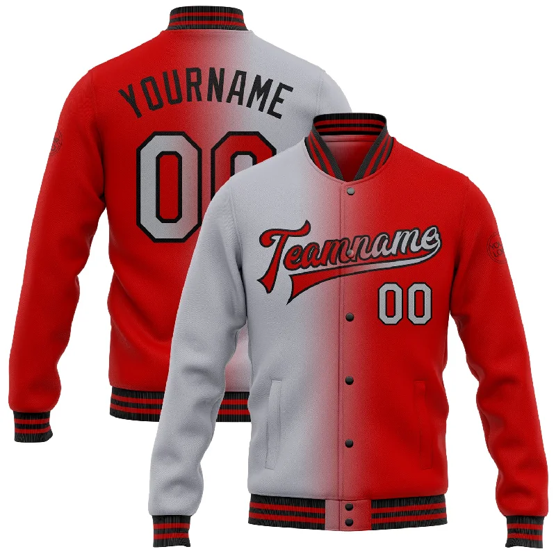 Gender-Neutral Fashion For Everyday Style Season Offer Custom Red Gray-Black Bomber Full-Snap Varsity Letterman Gradient Fashion Jacket Gender-Neutral Fashion For Everyday Style Season Offer Custom Red Gray-Black Bomber Full-Snap Varsity Letterman Gradient Fashion Jacket