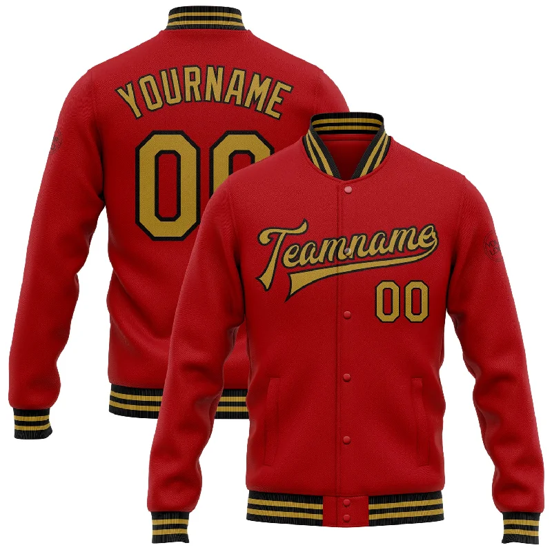 Oversized And Relaxed Unisex Fashion Special Offers, Don't Miss Custom Red Old Gold-Black Bomber Full-Snap Varsity Letterman Jacket