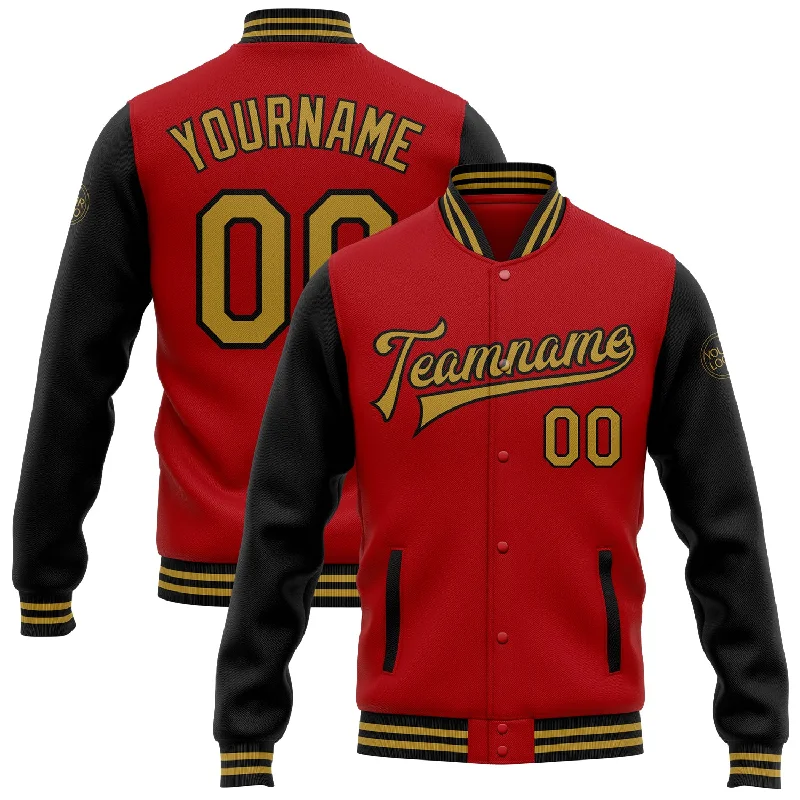 Elegant And Minimal Gender-Free Clothing Fashion Sale Custom Red Old Gold-Black Bomber Full-Snap Varsity Letterman Two Tone Jacket