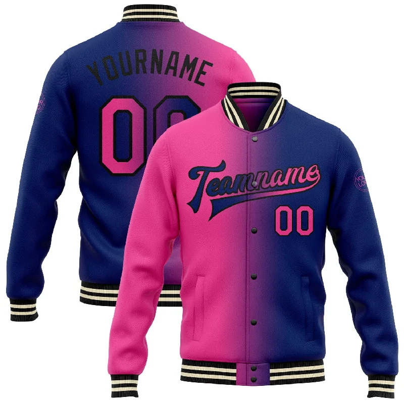 Minimalist Unisex Fashion Must-Haves Budget Friendly Custom Royal Pink-Black Bomber Full-Snap Varsity Letterman Gradient Fashion Jacket Minimalist Unisex Fashion Must-Haves Budget Friendly Custom Royal Pink-Black Bomber Full-Snap Varsity Letterman Gradient Fashion Jacket