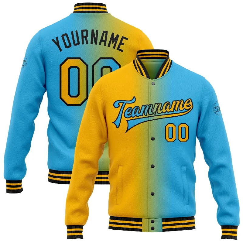 High-Quality Unisex Basics For Everyday Wear Elevated Casual Discounts Custom Sky Blue Gold-Black Bomber Full-Snap Varsity Letterman Gradient Fashion Jacket High-Quality Unisex Basics For Everyday Wear Elevated Casual Discounts Custom Sky Blue Gold-Black Bomber Full-Snap Varsity Letterman Gradient Fashion Jacket