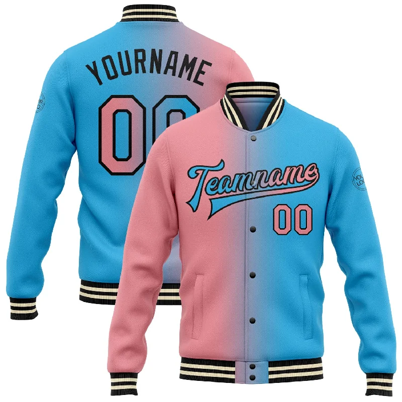 Relaxed-Fit Unisex Fashion For All-Day Comfort On-Trend Fashion Offers Custom Sky Blue Medium Pink-Black Bomber Full-Snap Varsity Letterman Gradient Fashion Jacket Relaxed-Fit Unisex Fashion For All-Day Comfort On-Trend Fashion Offers Custom Sky Blue Medium Pink-Black Bomber Full-Snap Varsity Letterman Gradient Fashion Jacket
