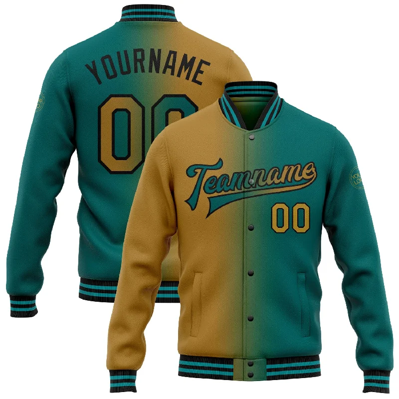 Bold And Trendy Gender-Neutral Outfits Classy Style Discounts Custom Teal Old Gold-Black Bomber Full-Snap Varsity Letterman Gradient Fashion Jacket Bold And Trendy Gender-Neutral Outfits Classy Style Discounts Custom Teal Old Gold-Black Bomber Full-Snap Varsity Letterman Gradient Fashion Jacket