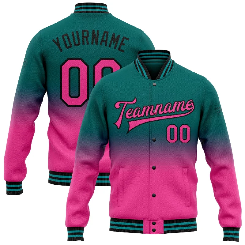 Effortless And Modern Unisex Dressing Trendy Styles Custom Teal Pink-Black Bomber Full-Snap Varsity Letterman Fade Fashion Jacket