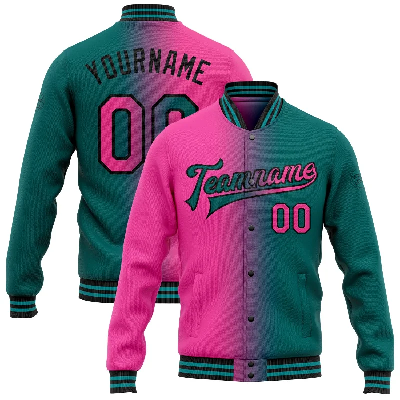 Unisex Casual Fashion Trends Stylish Looks Custom Teal Pink-Black Bomber Full-Snap Varsity Letterman Gradient Fashion Jacket