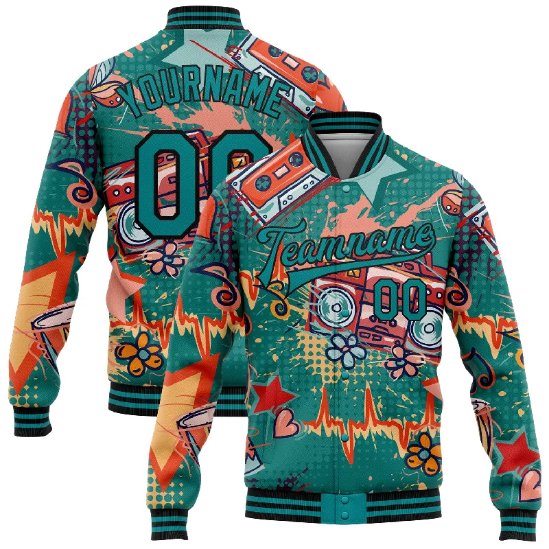 Contemporary Gender-Free Clothing Styles Affordable Luxury Fashion Custom Teal Black Music Festival 3D Pattern Design Bomber Full-Snap Varsity Letterman Jacket Contemporary Gender-Free Clothing Styles Affordable Luxury Fashion Custom Teal Black Music Festival 3D Pattern Design Bomber Full-Snap Varsity Letterman Jacket