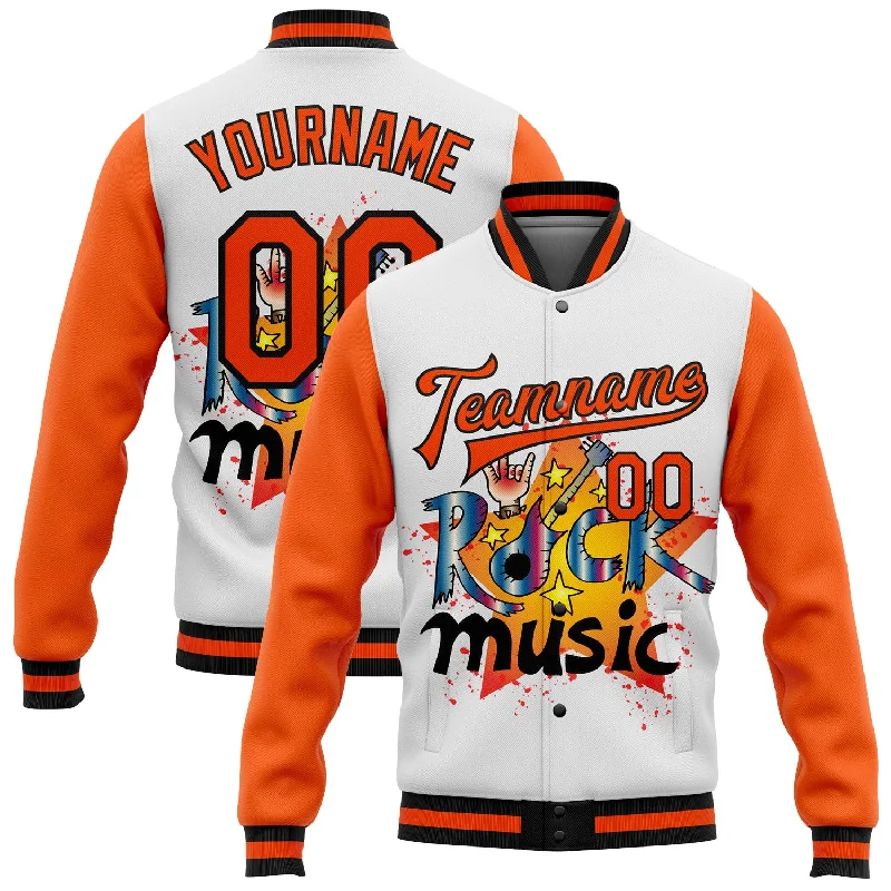 Sustainable Gender-Neutral Apparel Timeless Style Promotions Custom White Orange-Black Rock Music Festival 3D Pattern Design Bomber Full-Snap Varsity Letterman Jacket Sustainable Gender-Neutral Apparel Timeless Style Promotions Custom White Orange-Black Rock Music Festival 3D Pattern Design Bomber Full-Snap Varsity Letterman Jacket