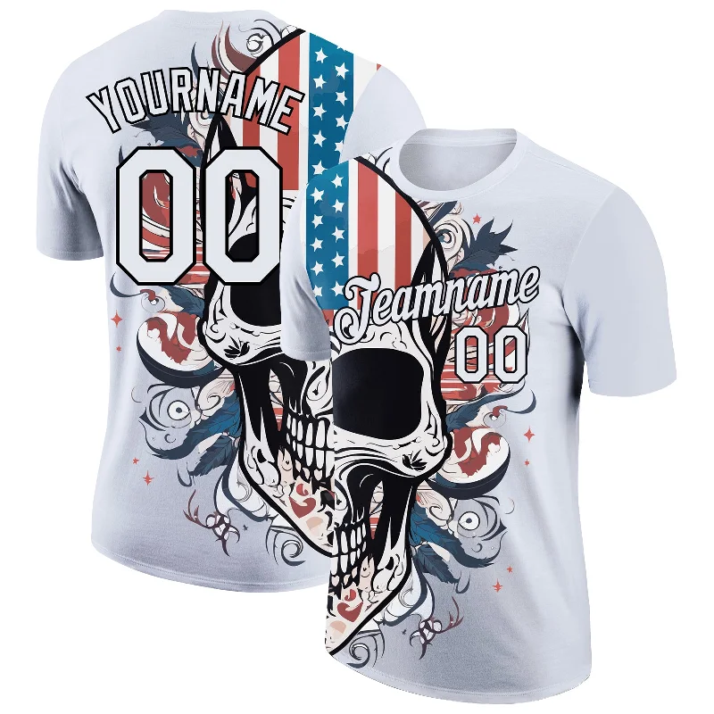 Casual And Trendy Unisex Fashion Staples Fashion Forward Femininity Custom White Black 3D Skull With American Flag Performance T-Shirt