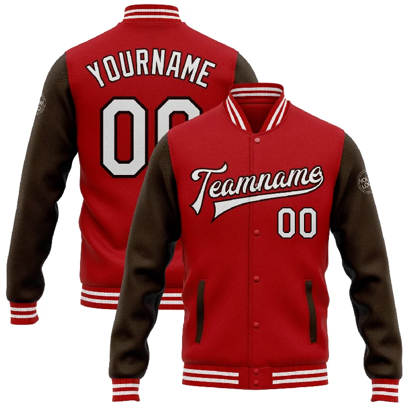 Fashion-Forward Unisex Apparel Style Breakthroughs Custom Red White-Brown Bomber Full-Snap Varsity Letterman Two Tone Jacket