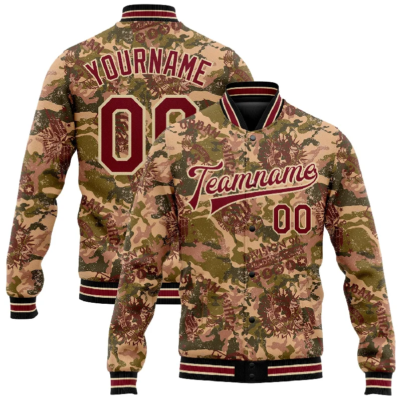 Contemporary Gender-Free Clothing Styles Latest Fashion Custom Camo Crimson City Cream-Black Military Badge 3D Pattern Design Bomber Full-Snap Varsity Letterman Salute To Service Jacket Contemporary Gender-Free Clothing Styles Latest Fashion Custom Camo Crimson City Cream-Black Military Badge 3D Pattern Design Bomber Full-Snap Varsity Letterman Salute To Service Jacket