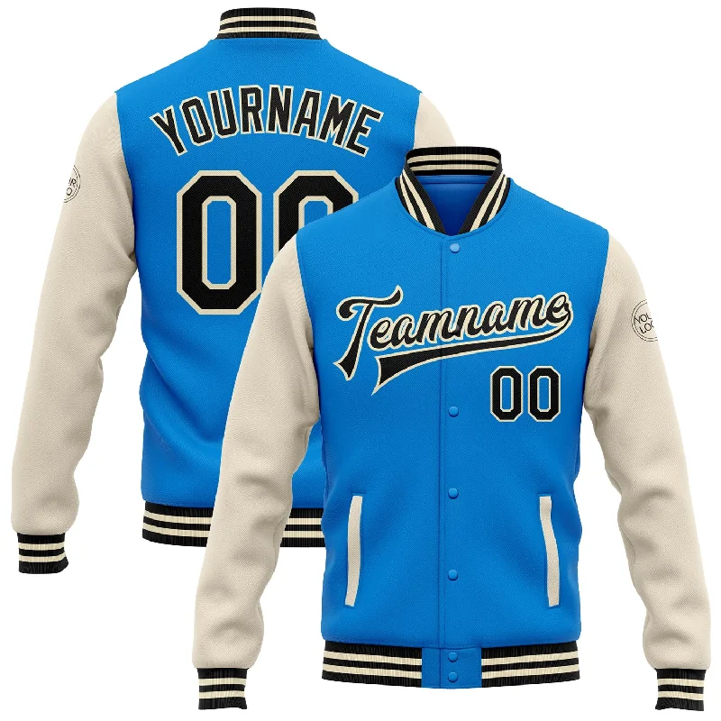 Versatile Clothing For All Genders Seasonal Style Discounts Custom Powder Blue Black-Cream Bomber Full-Snap Varsity Letterman Two Tone Jacket Versatile Clothing For All Genders Seasonal Style Discounts Custom Powder Blue Black-Cream Bomber Full-Snap Varsity Letterman Two Tone Jacket