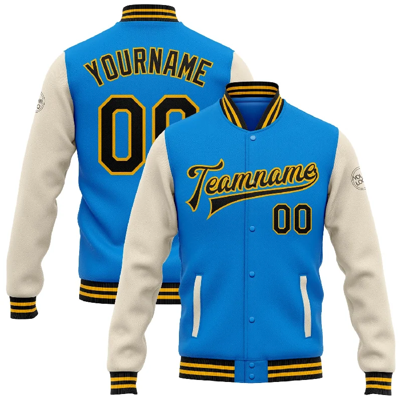 All-Season Unisex Clothing Collection Shop Sale Items Custom Powder Blue Black Cream-Gold Bomber Full-Snap Varsity Letterman Two Tone Jacket All-Season Unisex Clothing Collection Shop Sale Items Custom Powder Blue Black Cream-Gold Bomber Full-Snap Varsity Letterman Two Tone Jacket