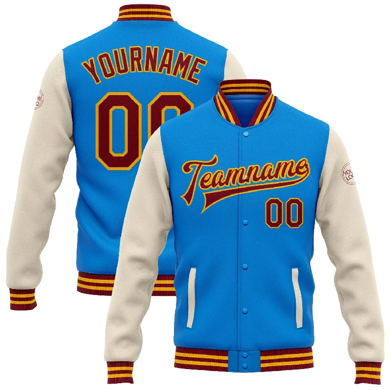 Bold And Trendy Gender-Neutral Outfits Ends Soon Custom Powder Blue Crimson Cream-Gold Bomber Full-Snap Varsity Letterman Two Tone Jacket Bold And Trendy Gender-Neutral Outfits Ends Soon Custom Powder Blue Crimson Cream-Gold Bomber Full-Snap Varsity Letterman Two Tone Jacket