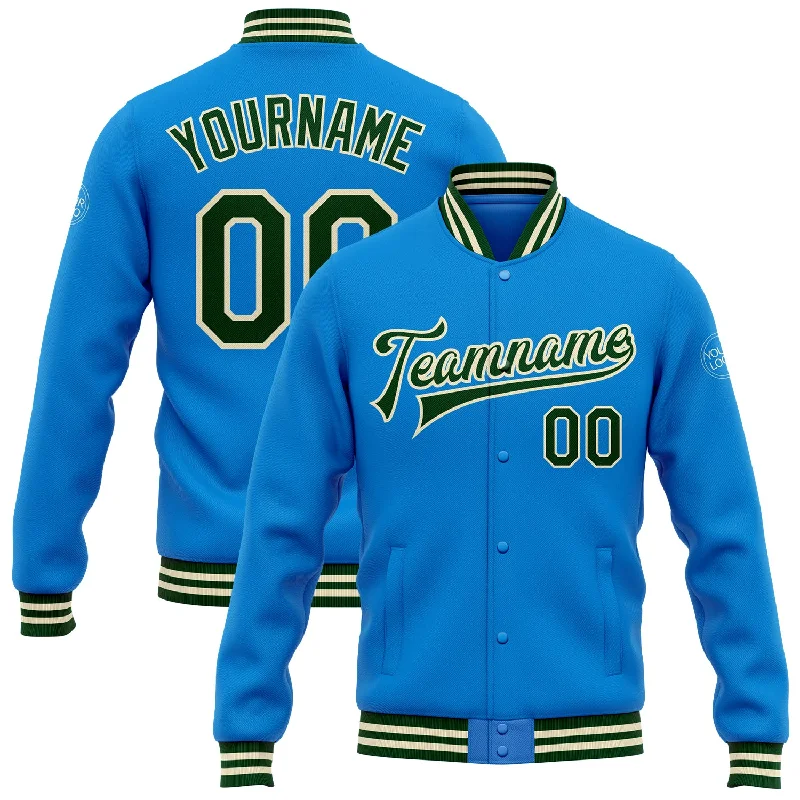 Soft And Breathable Unisex Loungewear Hot Items Custom Powder Blue Green-Cream Bomber Full-Snap Varsity Letterman Jacket