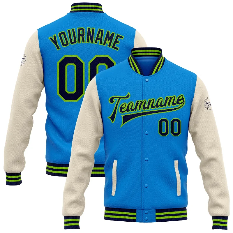 Unisex Casual Fashion Trends Limited Time Offers Custom Powder Blue Navy Cream-Neon Green Bomber Full-Snap Varsity Letterman Two Tone Jacket Unisex Casual Fashion Trends Limited Time Offers Custom Powder Blue Navy Cream-Neon Green Bomber Full-Snap Varsity Letterman Two Tone Jacket