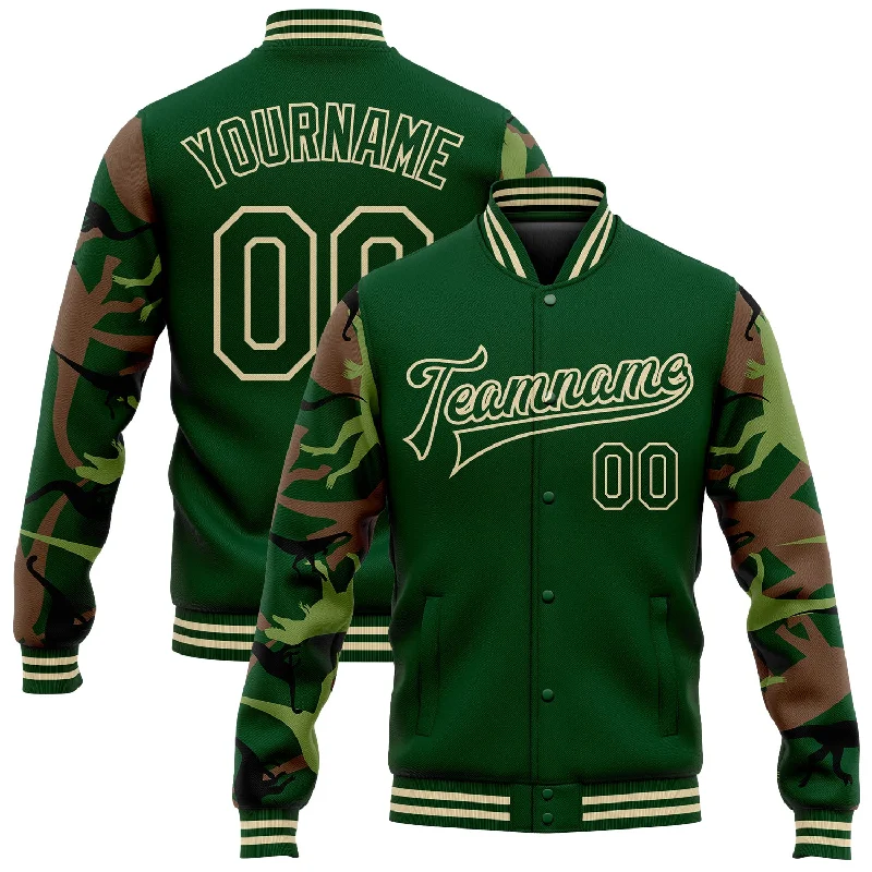 Classic And Timeless Unisex Style Edgy Fashion Deals Custom Green Cream Dinosaur Camo Sleeves 3D Pattern Design Bomber Full-Snap Varsity Letterman Jacket Classic And Timeless Unisex Style Edgy Fashion Deals Custom Green Cream Dinosaur Camo Sleeves 3D Pattern Design Bomber Full-Snap Varsity Letterman Jacket