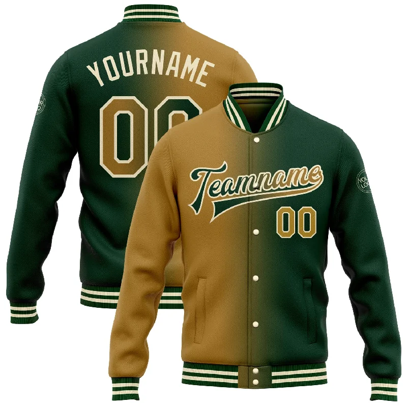 All-Season Unisex Clothing Collection Vibrant Style Promotions Custom Green Old Gold-Cream Bomber Full-Snap Varsity Letterman Gradient Fashion Jacket All-Season Unisex Clothing Collection Vibrant Style Promotions Custom Green Old Gold-Cream Bomber Full-Snap Varsity Letterman Gradient Fashion Jacket