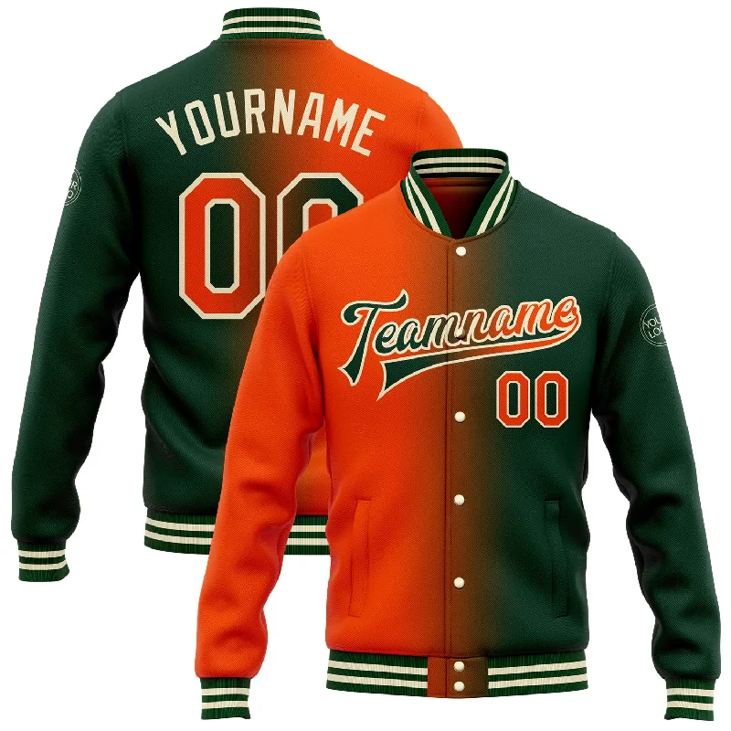 Modern Unisex Wardrobe Staples Polished Style Deals Custom Green Orange-Cream Bomber Full-Snap Varsity Letterman Gradient Fashion Jacket Modern Unisex Wardrobe Staples Polished Style Deals Custom Green Orange-Cream Bomber Full-Snap Varsity Letterman Gradient Fashion Jacket