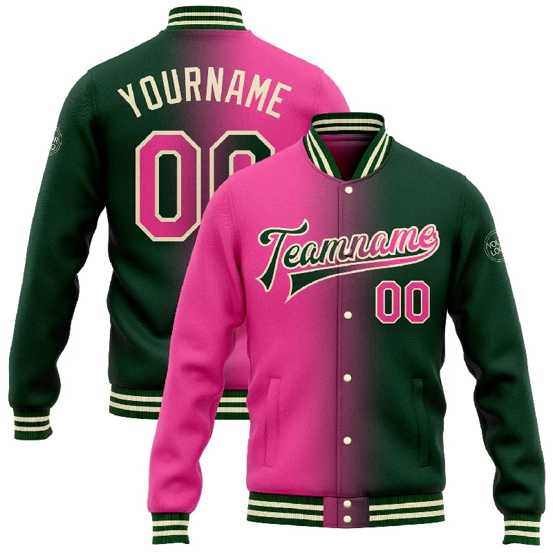 Everyday Wear For Men And Women Cozy Comfort Style Sale Custom Green Pink-Cream Bomber Full-Snap Varsity Letterman Gradient Fashion Jacket Everyday Wear For Men And Women Cozy Comfort Style Sale Custom Green Pink-Cream Bomber Full-Snap Varsity Letterman Gradient Fashion Jacket