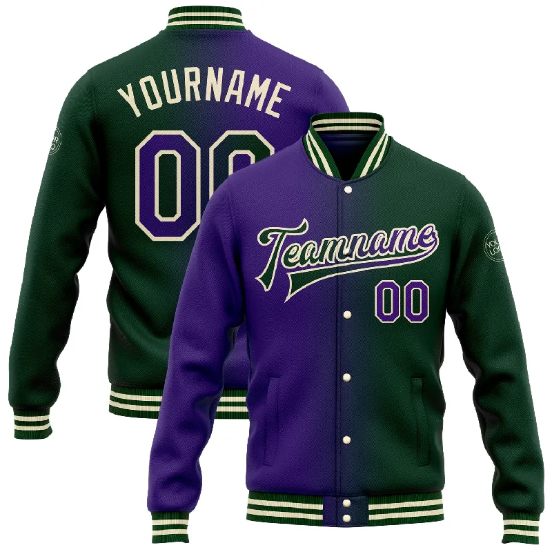 Versatile Clothing For All Genders Flirty Fashion Discounts Custom Green Purple-Cream Bomber Full-Snap Varsity Letterman Gradient Fashion Jacket Versatile Clothing For All Genders Flirty Fashion Discounts Custom Green Purple-Cream Bomber Full-Snap Varsity Letterman Gradient Fashion Jacket