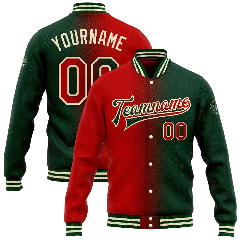 Soft And Breathable Unisex Loungewear Fashionable Comfort Promotions Custom Green Red-Cream Bomber Full-Snap Varsity Letterman Gradient Fashion Jacket Soft And Breathable Unisex Loungewear Fashionable Comfort Promotions Custom Green Red-Cream Bomber Full-Snap Varsity Letterman Gradient Fashion Jacket