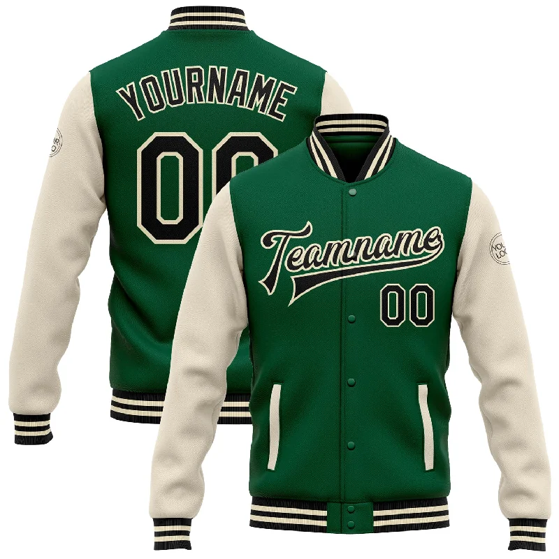 Oversized And Relaxed Unisex Fashion Casual Chic Custom Kelly Green Black-Cream Bomber Full-Snap Varsity Letterman Two Tone Jacket Oversized And Relaxed Unisex Fashion Casual Chic Custom Kelly Green Black-Cream Bomber Full-Snap Varsity Letterman Two Tone Jacket