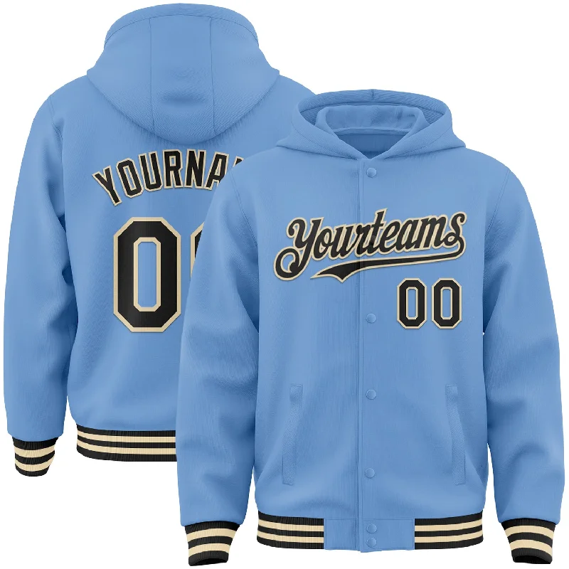 Relaxed-Fit Unisex Fashion For All-Day Comfort Chic Style Discounts Custom Light Blue Black-Cream Bomber Full-Snap Varsity Letterman Hoodie Jacket Relaxed-Fit Unisex Fashion For All-Day Comfort Chic Style Discounts Custom Light Blue Black-Cream Bomber Full-Snap Varsity Letterman Hoodie Jacket