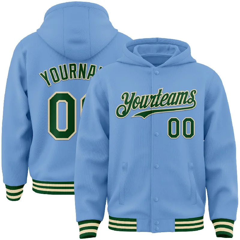 Fashion-Forward Gender-Neutral Outerwear Minimalist Fashion Sale Custom Light Blue Green-Cream Bomber Full-Snap Varsity Letterman Hoodie Jacket Fashion-Forward Gender-Neutral Outerwear Minimalist Fashion Sale Custom Light Blue Green-Cream Bomber Full-Snap Varsity Letterman Hoodie Jacket