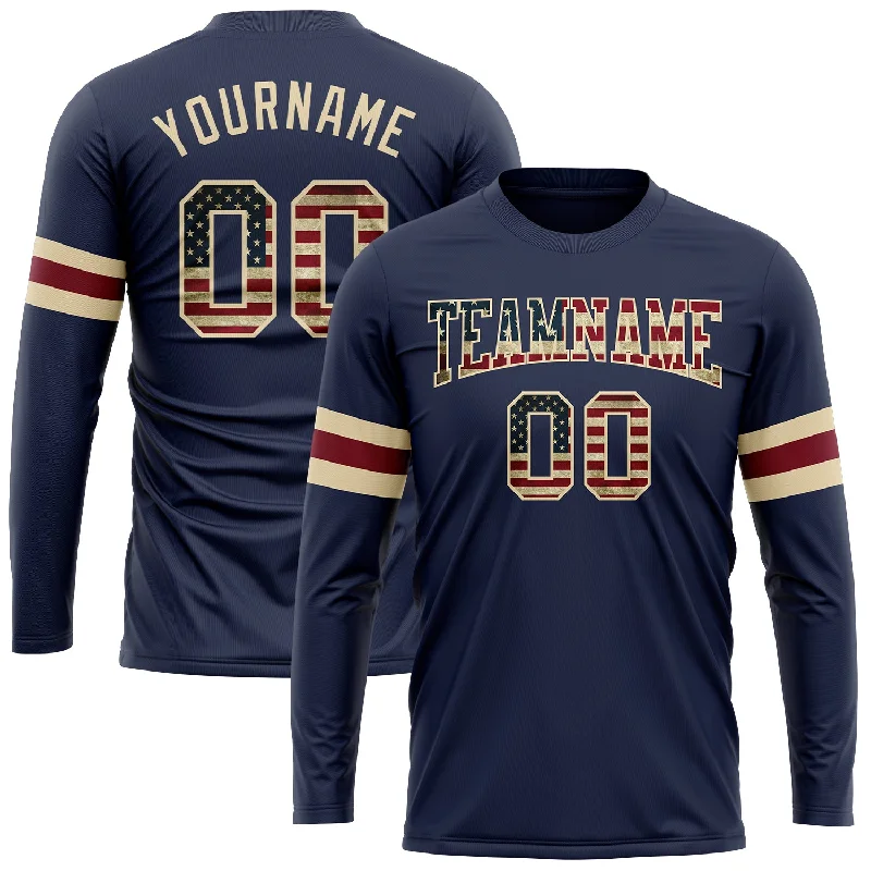 Oversized Unisex Apparel For Effortless Style Ride The Style Wave Custom Navy Vintage USA Flag Cream-Crimson Long Sleeve Performance Salute To Service T-Shirt