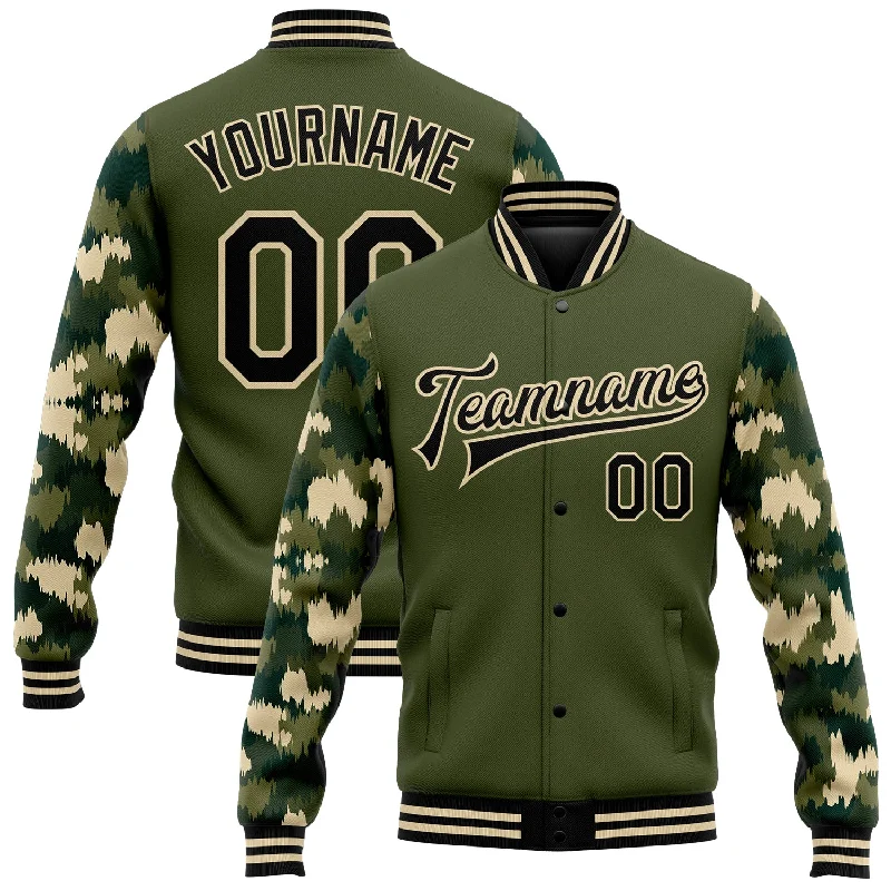 Sleek And Contemporary Gender-Free Outfits Classic Elegance Sales Custom Olive Black-Cream Camo Sleeves 3D Pattern Design Bomber Full-Snap Varsity Letterman Salute To Service Jacket Sleek And Contemporary Gender-Free Outfits Classic Elegance Sales Custom Olive Black-Cream Camo Sleeves 3D Pattern Design Bomber Full-Snap Varsity Letterman Salute To Service Jacket