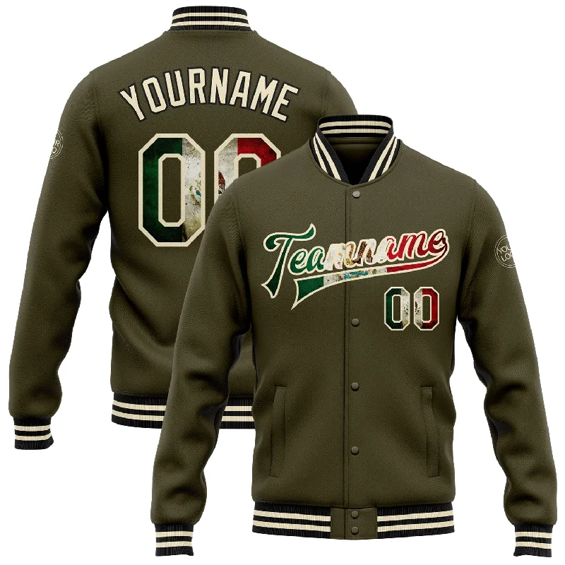 Versatile Gender-Free Wardrobe Essentials Limited Time Deal Custom Olive Vintage Mexican Flag Cream-Black Bomber Full-Snap Varsity Letterman Salute To Service Jacket