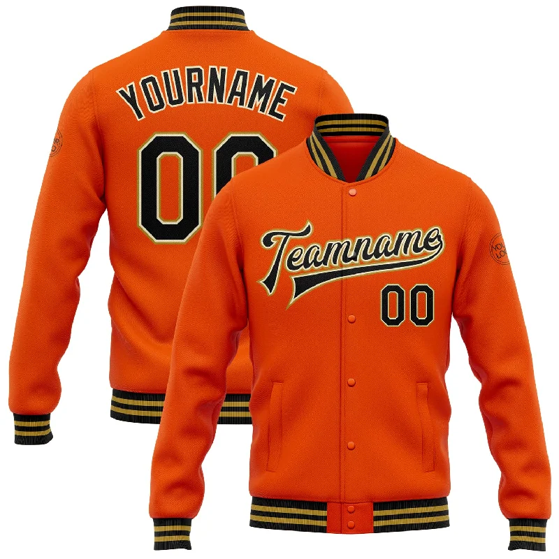 Oversized Unisex Fashion Pieces Casual Fashion Custom Orange Black Cream-Old Gold Bomber Full-Snap Varsity Letterman Jacket