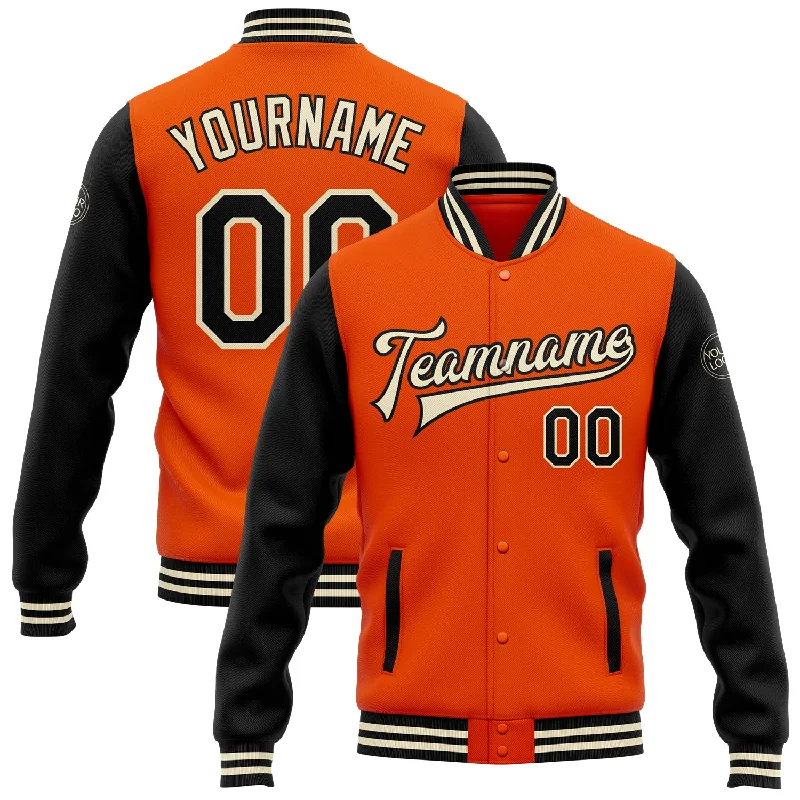 Minimalist Unisex Fashion Must-Haves Contemporary Chic Promotions Custom Orange Black-Cream Bomber Full-Snap Varsity Letterman Two Tone Jacket Minimalist Unisex Fashion Must-Haves Contemporary Chic Promotions Custom Orange Black-Cream Bomber Full-Snap Varsity Letterman Two Tone Jacket