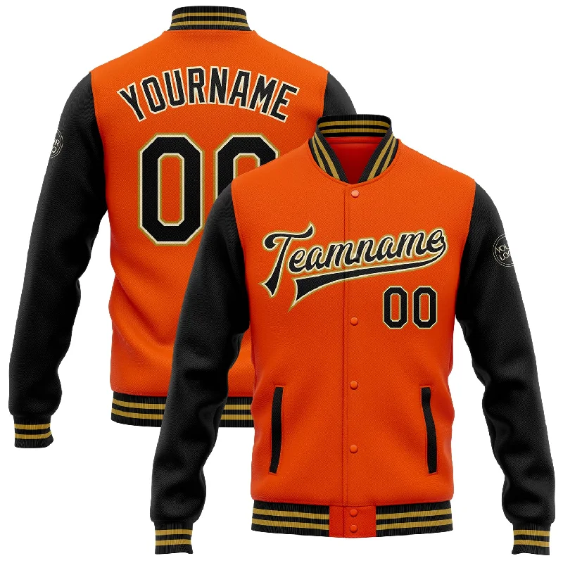Versatile Gender-Free Wardrobe Essentials Daring Fashion Promotions Custom Orange Black Cream-Old Gold Bomber Full-Snap Varsity Letterman Two Tone Jacket Versatile Gender-Free Wardrobe Essentials Daring Fashion Promotions Custom Orange Black Cream-Old Gold Bomber Full-Snap Varsity Letterman Two Tone Jacket