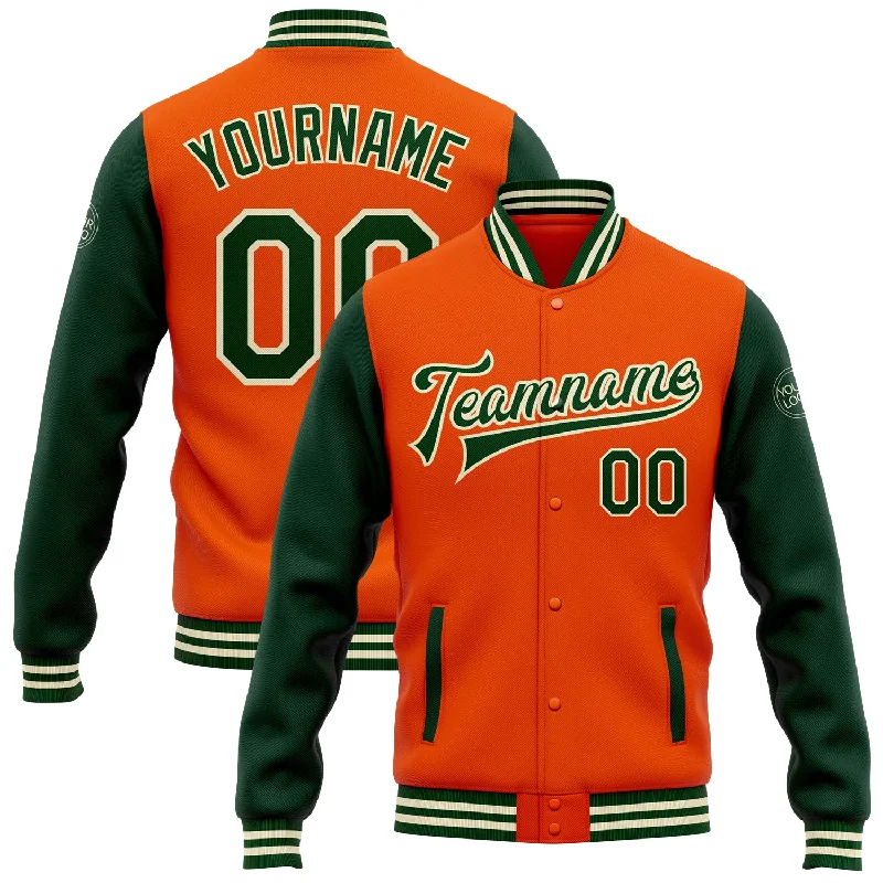 Gender-Neutral Fashion For Everyday Style Easy Elegance Sales Custom Orange Green-Cream Bomber Full-Snap Varsity Letterman Two Tone Jacket Gender-Neutral Fashion For Everyday Style Easy Elegance Sales Custom Orange Green-Cream Bomber Full-Snap Varsity Letterman Two Tone Jacket