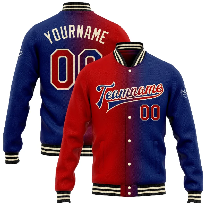 Gender-Neutral Trendy Clothing Styles Limited Time Special Offer Custom Royal Red-Cream Bomber Full-Snap Varsity Letterman Gradient Fashion Jacket Gender-Neutral Trendy Clothing Styles Limited Time Special Offer Custom Royal Red-Cream Bomber Full-Snap Varsity Letterman Gradient Fashion Jacket