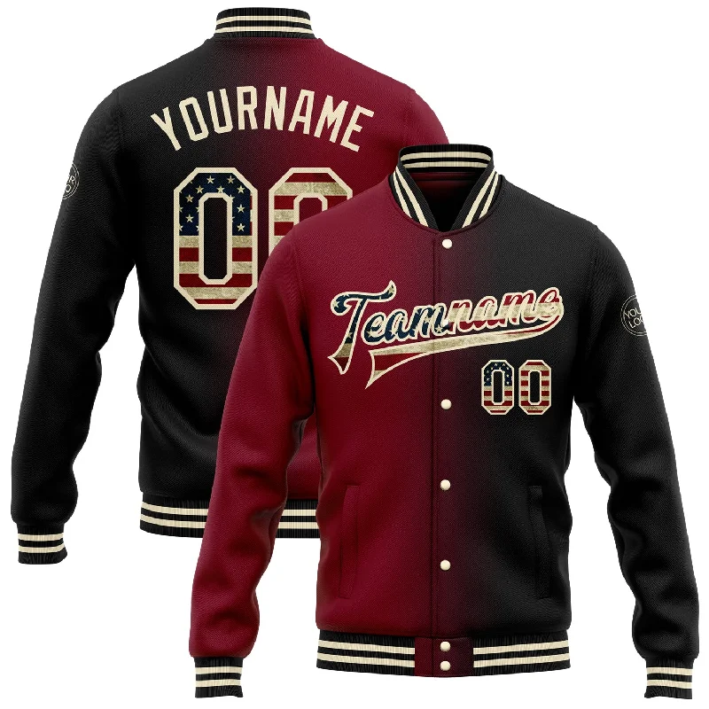 Sustainable And Ethical Unisex Clothing Huge Price Cut Custom Black Vintage USA Flag Crimson-Cream Bomber Full-Snap Varsity Letterman Gradient Fashion Jacket Sustainable And Ethical Unisex Clothing Huge Price Cut Custom Black Vintage USA Flag Crimson-Cream Bomber Full-Snap Varsity Letterman Gradient Fashion Jacket