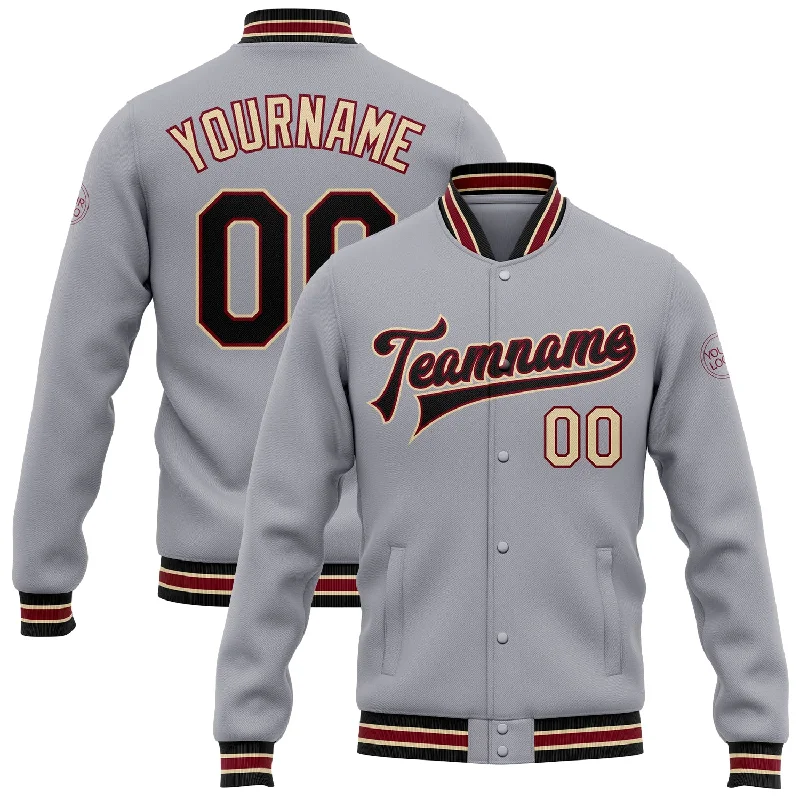 Oversized And Relaxed Unisex Fashion Trend Alert Custom Gray Black Crimson-City Cream Bomber Full-Snap Varsity Letterman Jacket